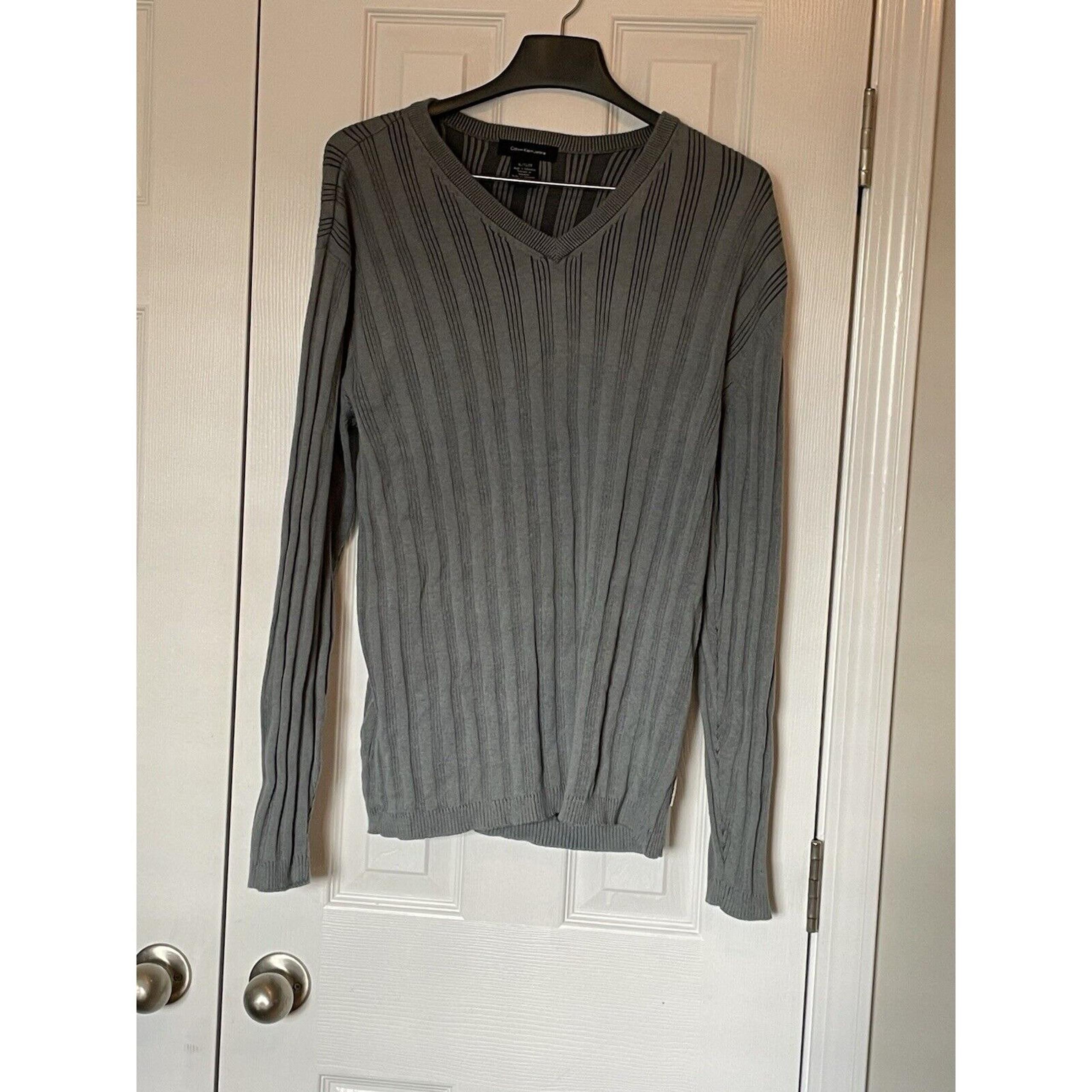 Calvin Klein Mens Xl Sweater V - Neck Pullover Long Sleeves Gray Cotton Knit