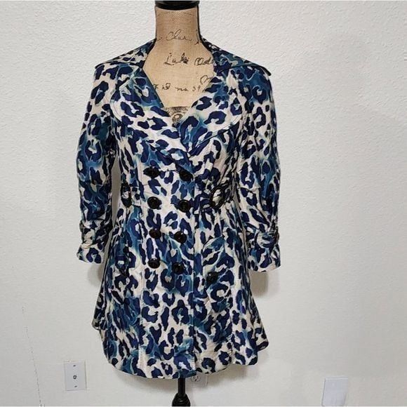 Nanette lepore blue leopard print notched collar belted jacket Size small