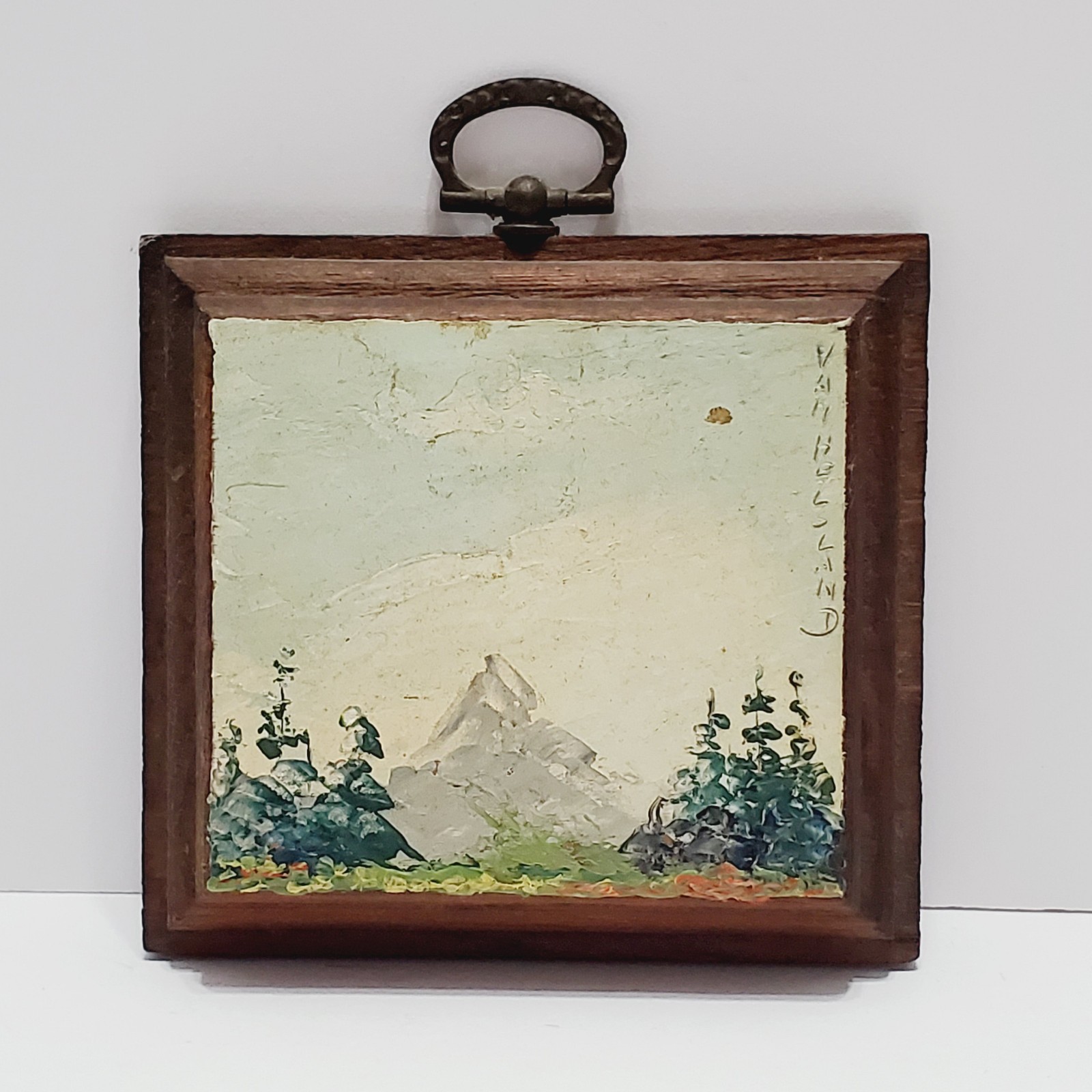 Original Oil Painting Artist: Van Holland Mountain Scene Oil on Wooden Plaque