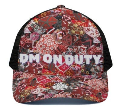 DM on Duty HAT D&D Dice collage -RED- Size M with adjustable back, black mesh