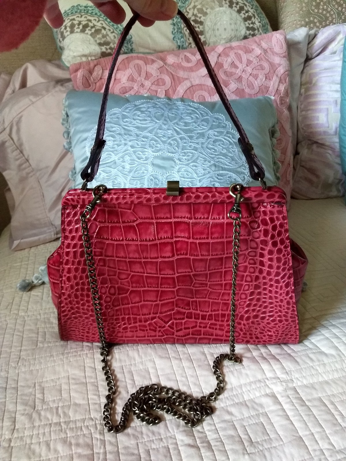 Patricia Nash Cranberry Bonifati Frame Bag in Distressed Vintage Croc Leather