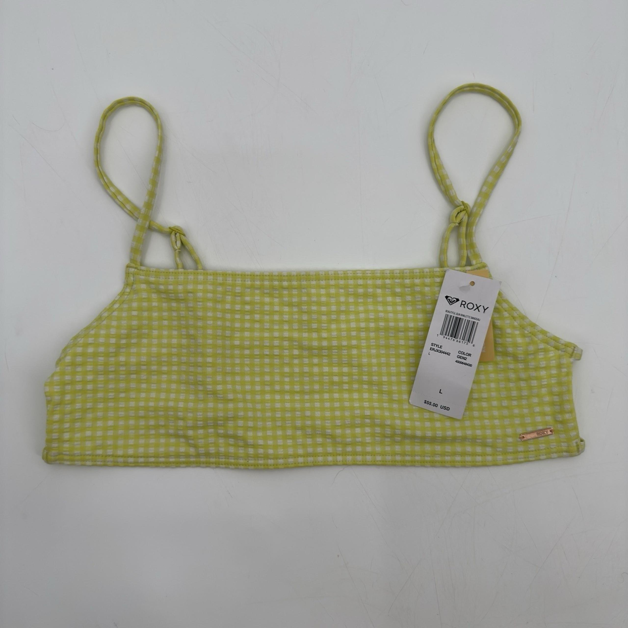 Roxy Beautiful Sun Bralette Bandeau Gingham Green White Bikini Top Sz Large NEW