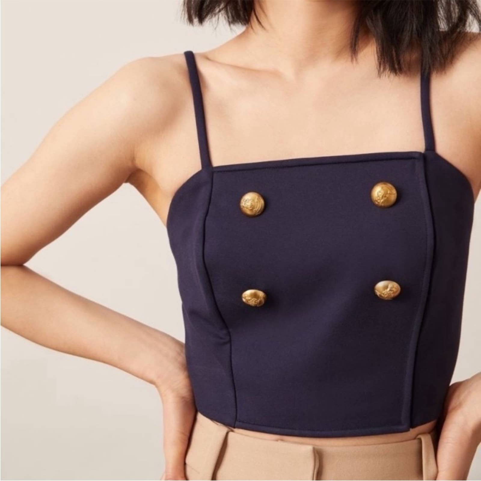 Anthropologie Eva Franco navy blue gold buttons cropped top vest size 8 petite