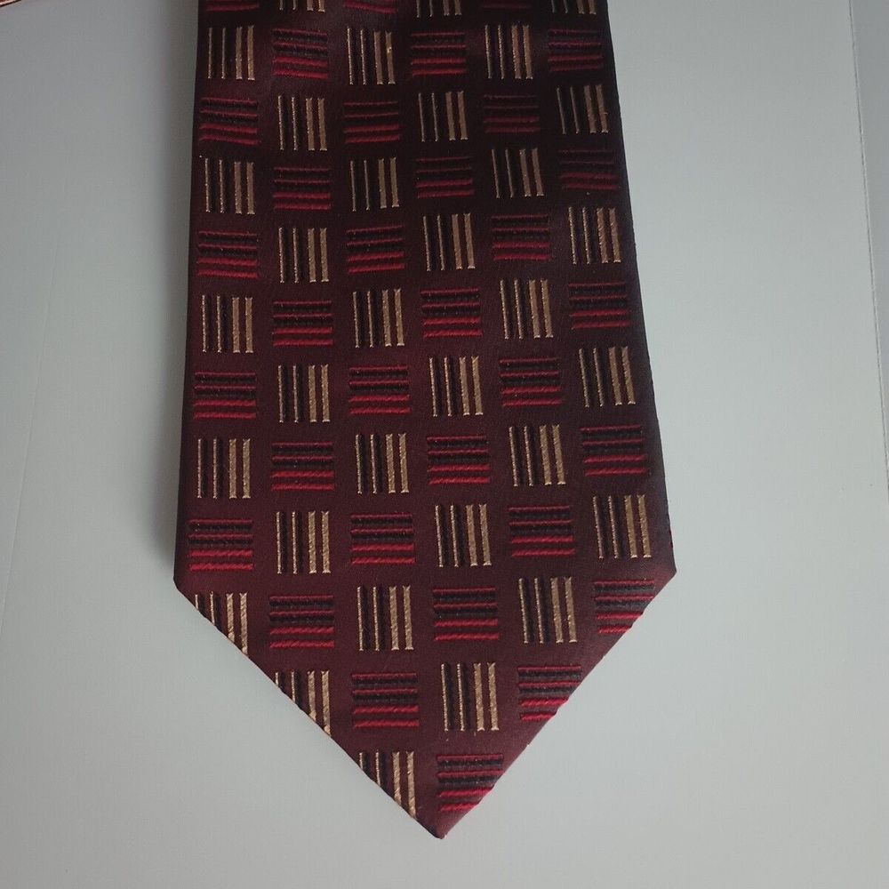 Ermenegildo Zegna Burgundy & Gold Lines Boxes Threaded Mens Silk Tie