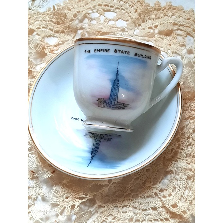 Vintage 1940s Empire State Building Demitasse Cup & Saucer Set Hand painted 22K