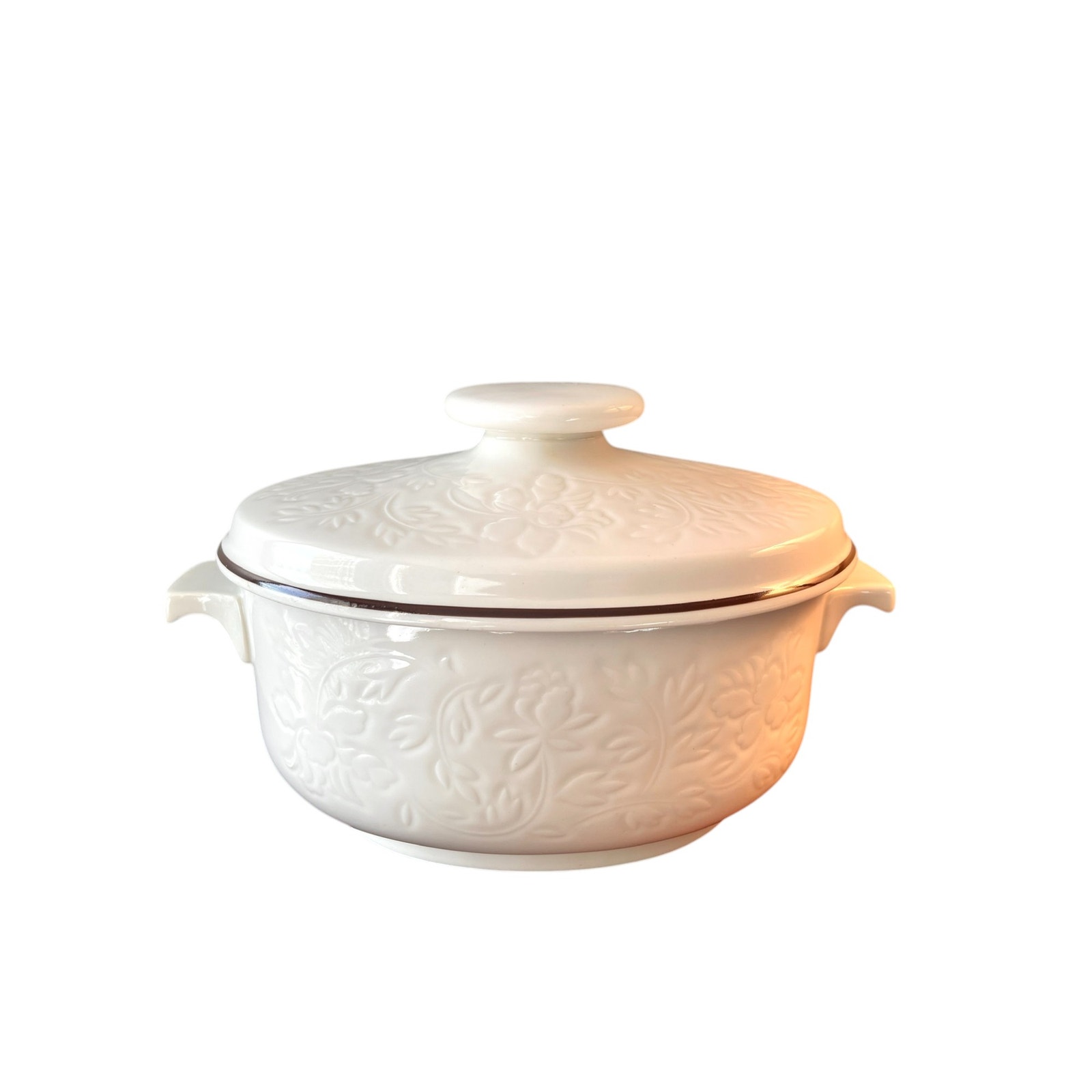 England Royal Doulton 2.5qt Oval Casserole Dish w/ Lid White w/ Brown Trim