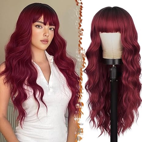 Long Wavy Red Wig with Bangs - 26 Inch Long Red Wigs for Women - Natural Looking
