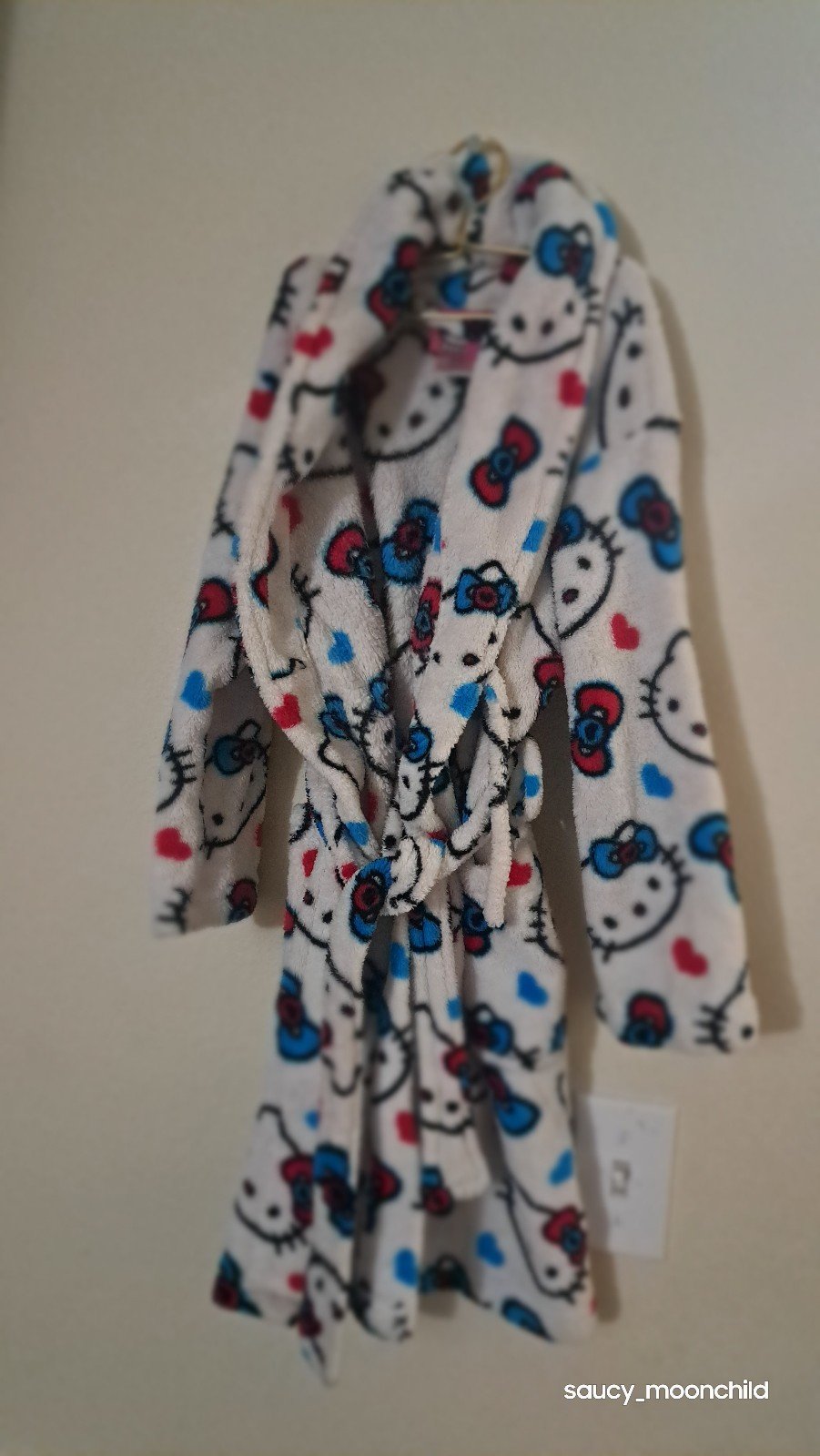 Hello Kitty • Girls Plush Y2k Bath Robe Print Pattern XS White Short Fluffy