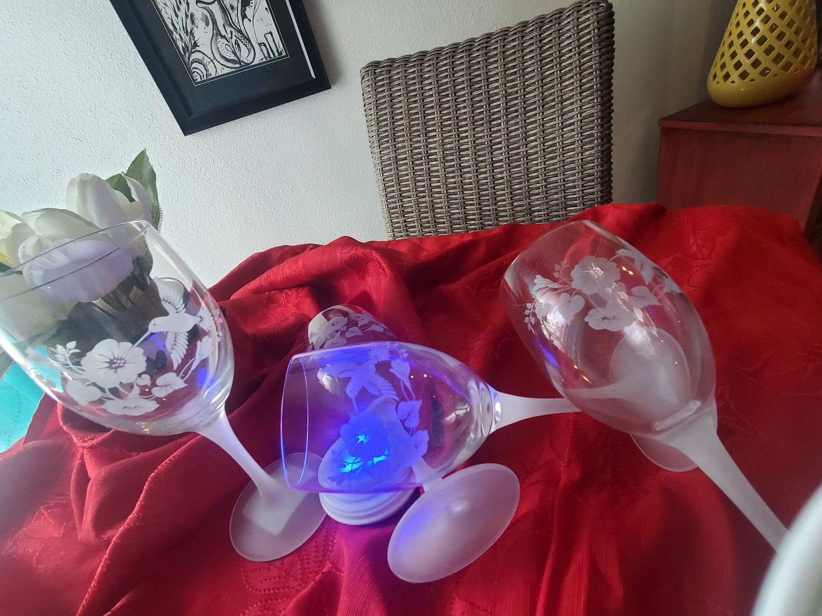 Frosted glasses with hummingbirds