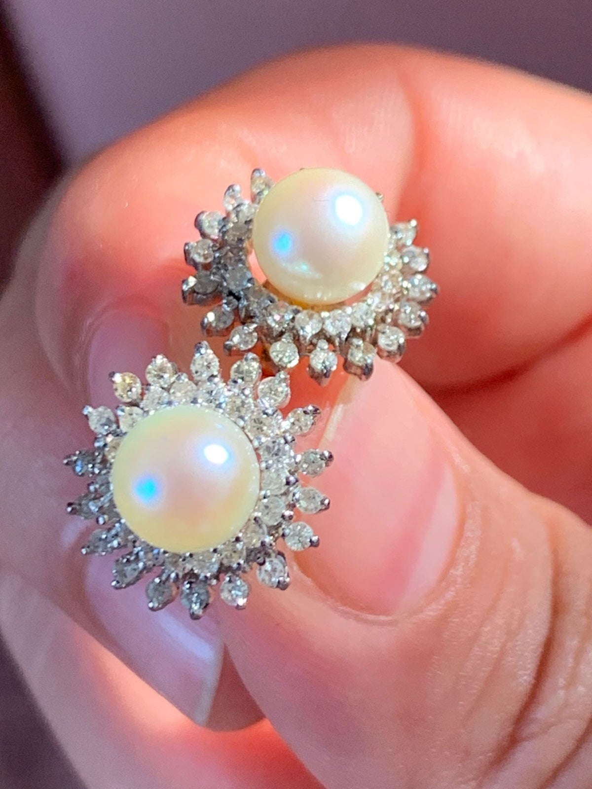 14k gold Double Raw Pearl/Diamond earrings