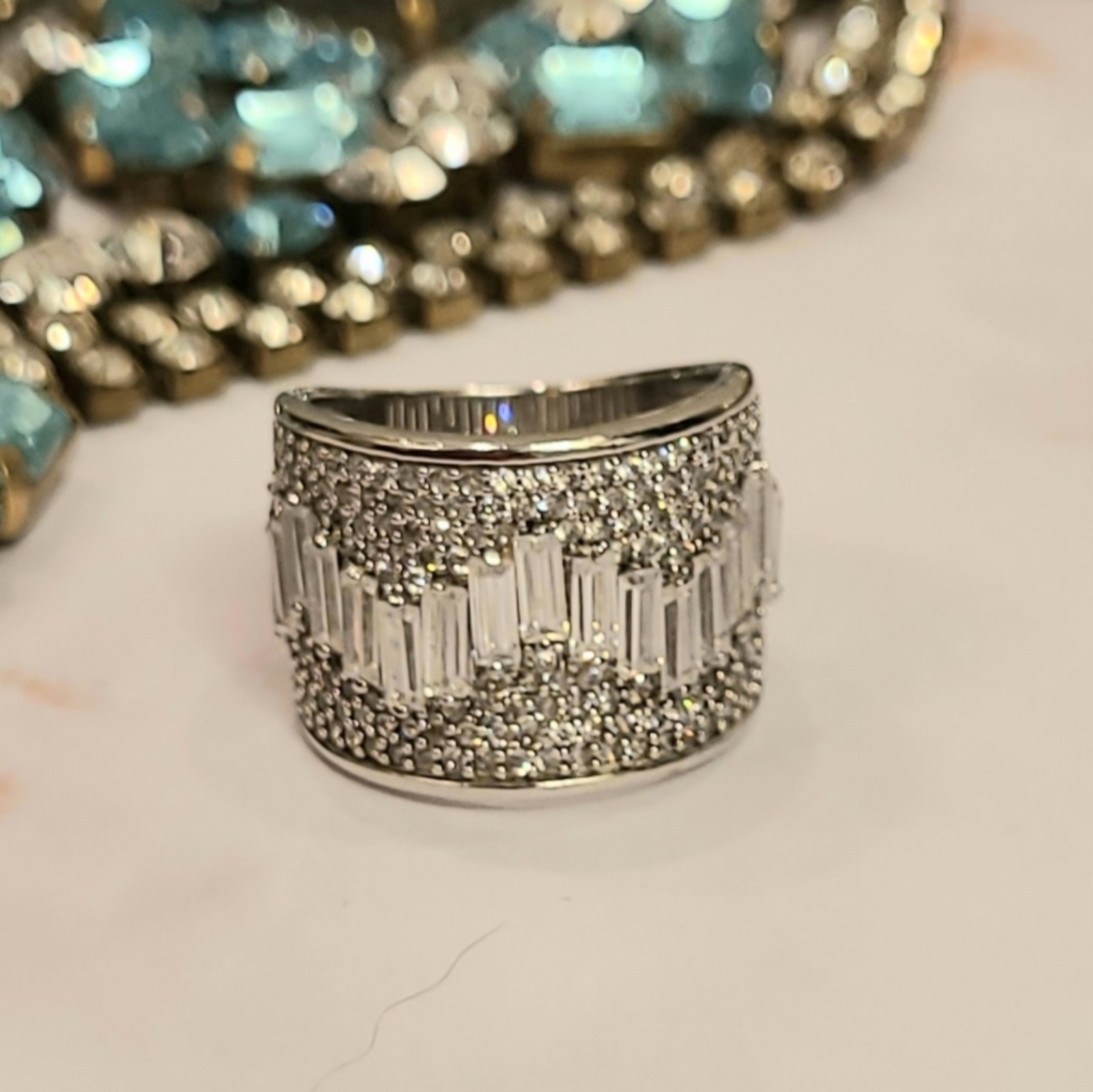 Art Deco Baguette & Pave Set Rounds Diamond Sterling Silver Ring Sz 8