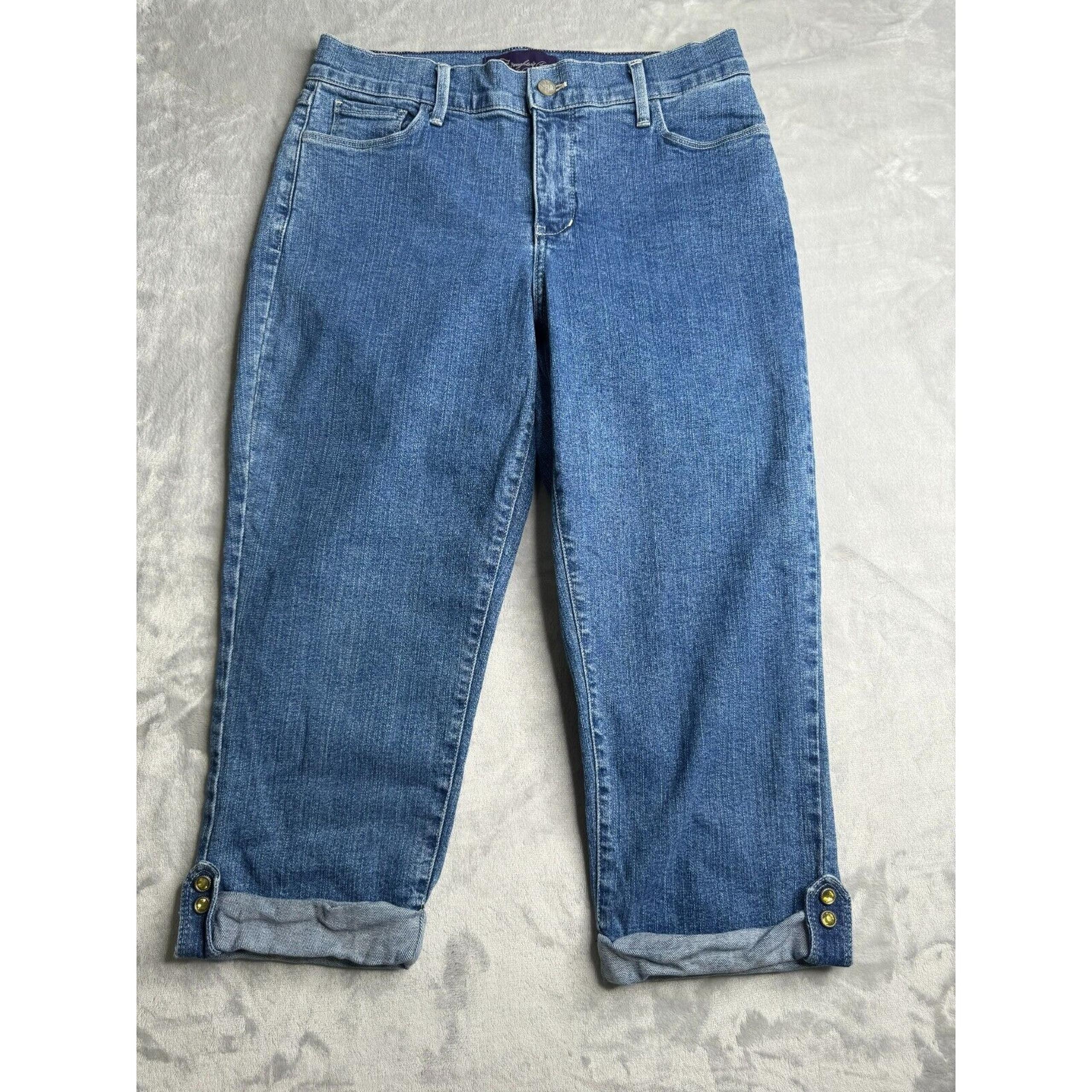 NYDJ Carpi Jeans Womens 10 Blue Mid Rise Flat Front Slimming Green Jeweled Cuff