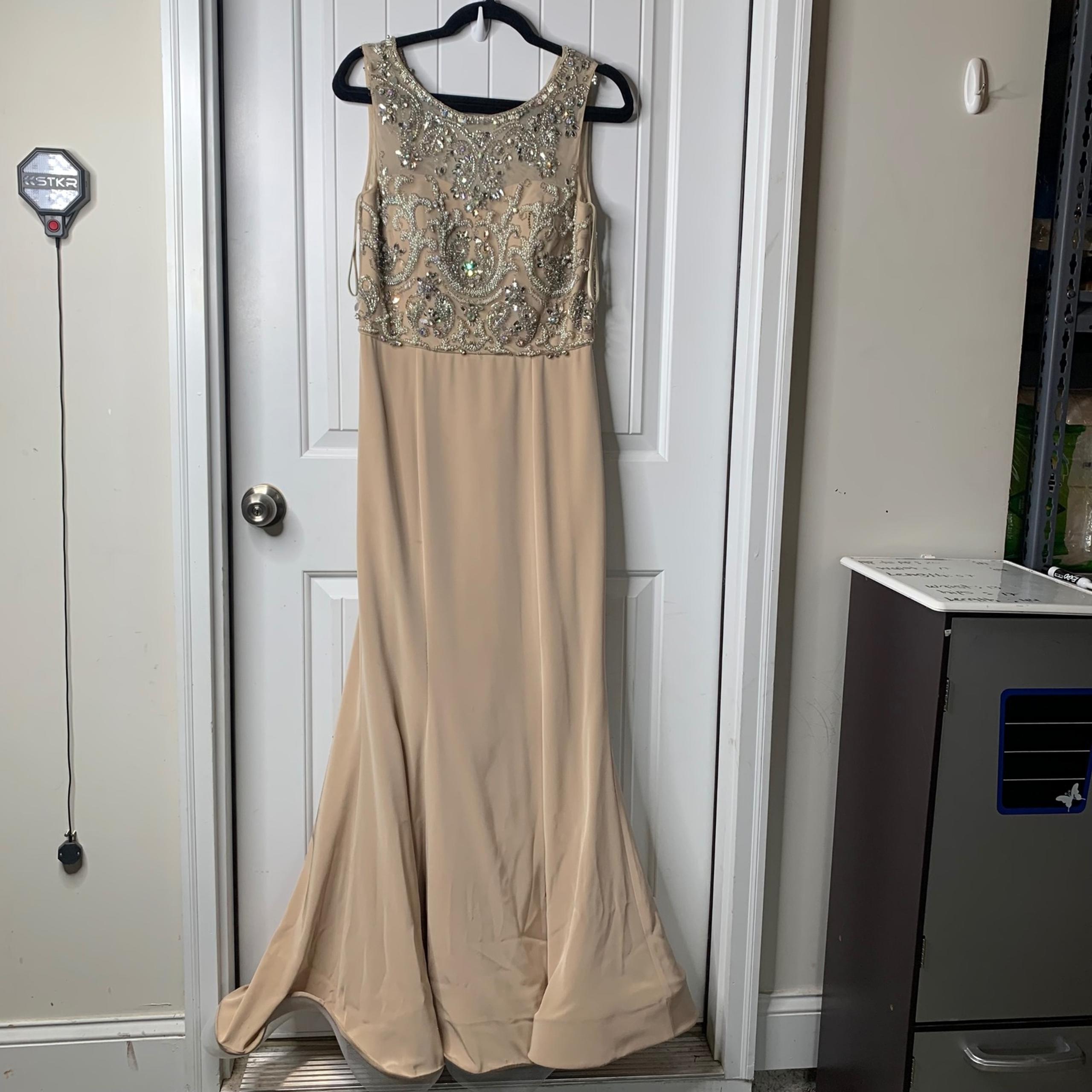 Jovani Embellished beaded Gown Formal Evening Dress Beige Size 10 wedding guest
