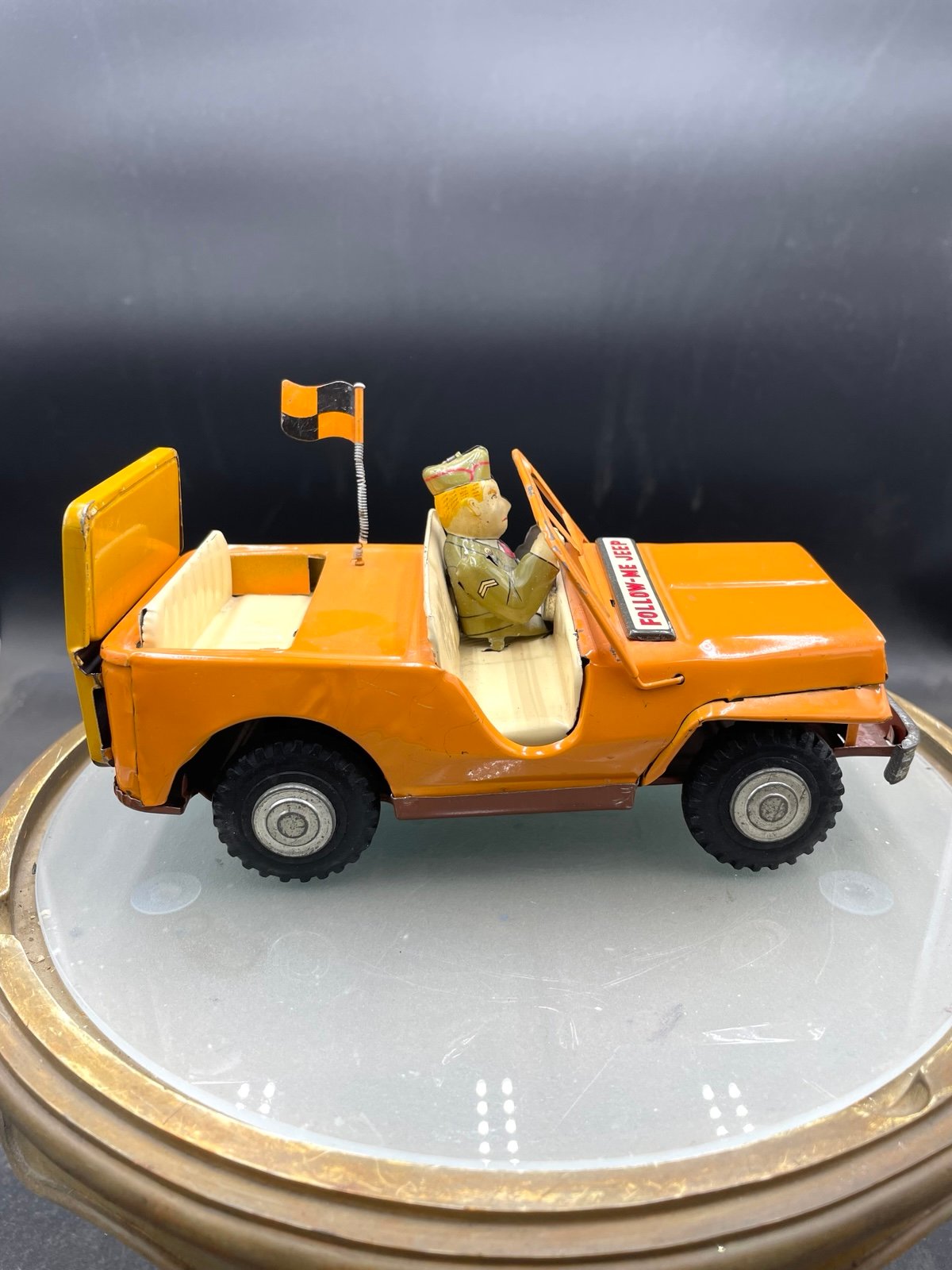 Vintage Pressed Steel Orange Follow-Me Jeep Push/Friction Vehicle 7.5” Japan