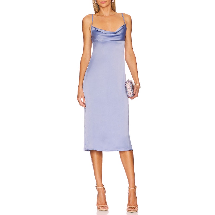 Revolve WeWoreWhat Cowl Satin Charmeuse Slip Midi Dress Slate Blue Womens 4 NWT