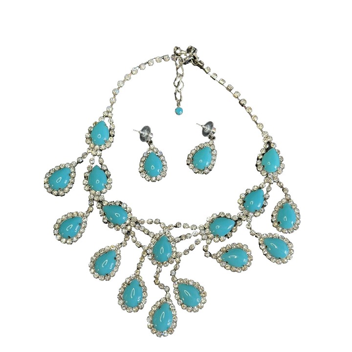 Southwestern Blue Turquoise Jeweled Bib Necklace and Matching Earrings