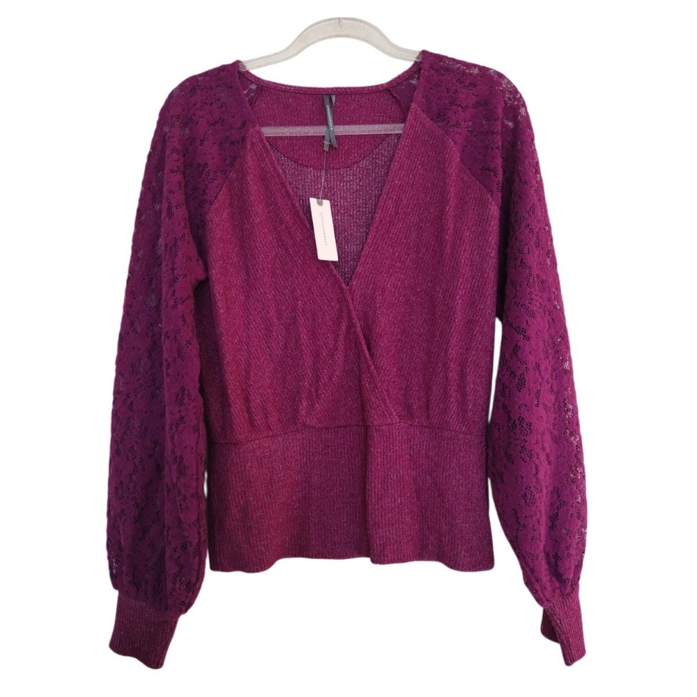 Anthropologíe Sweater Woman's Large Plume Prune Lace Sleeves Crossover Neck