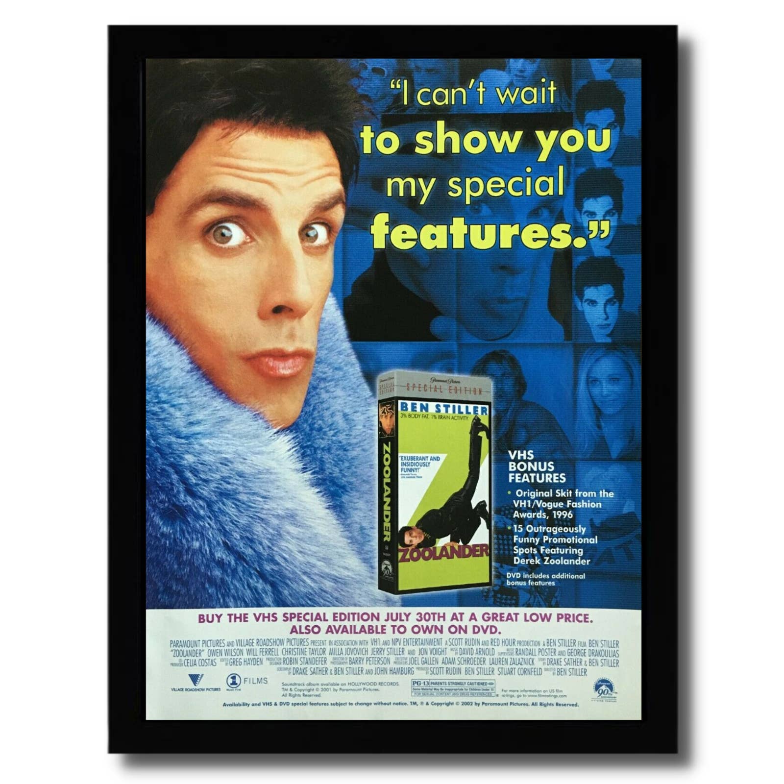 2002 Zoolander DVD/VHS Framed Print Ad/Poster Advertisement Ben Stiller Wall Art