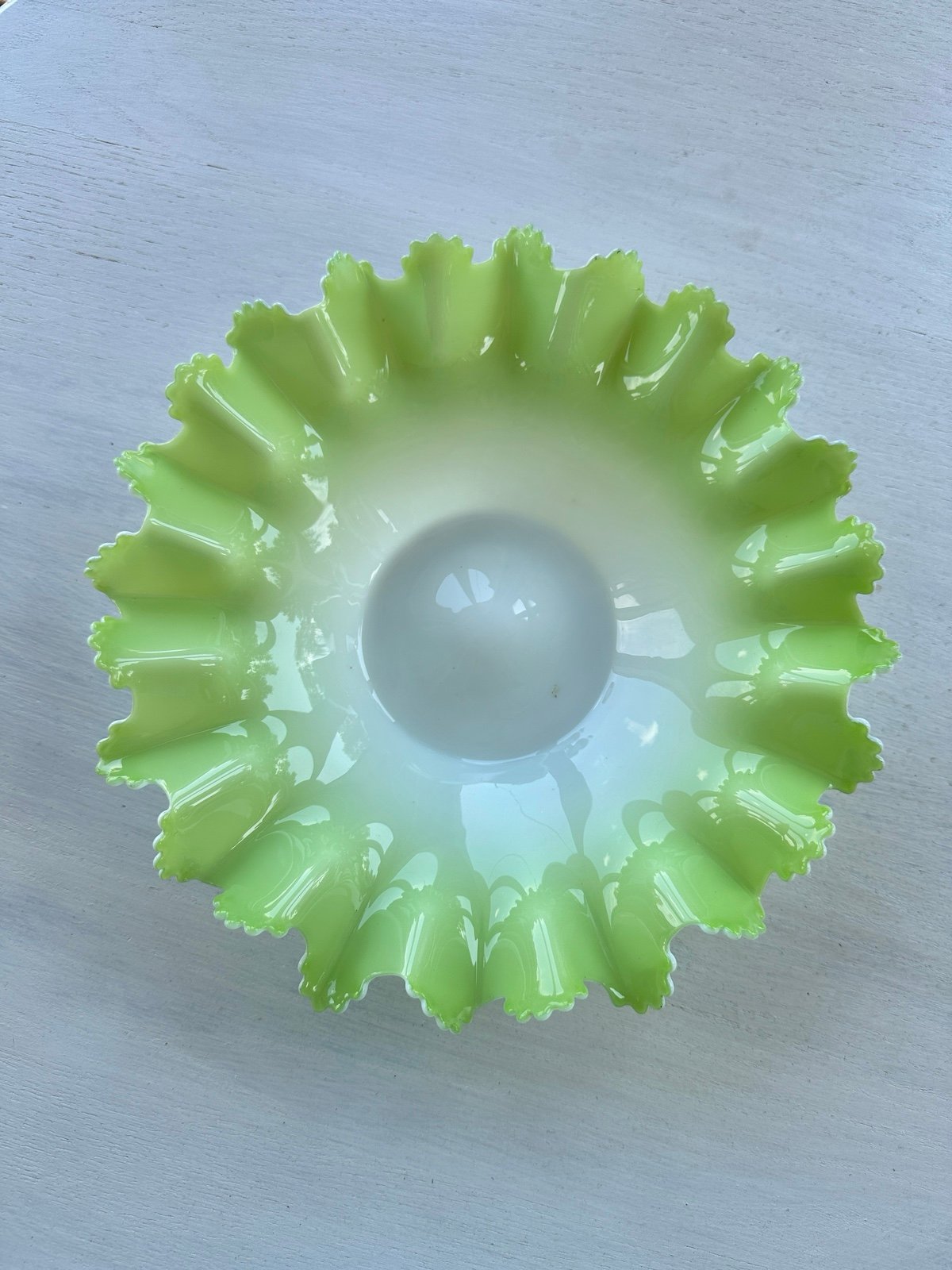 ANTIQUE, VICTORIAN, GLASS, ROUND BRIDES BASKET WITH RUFFLED & CRIMPED RIM.