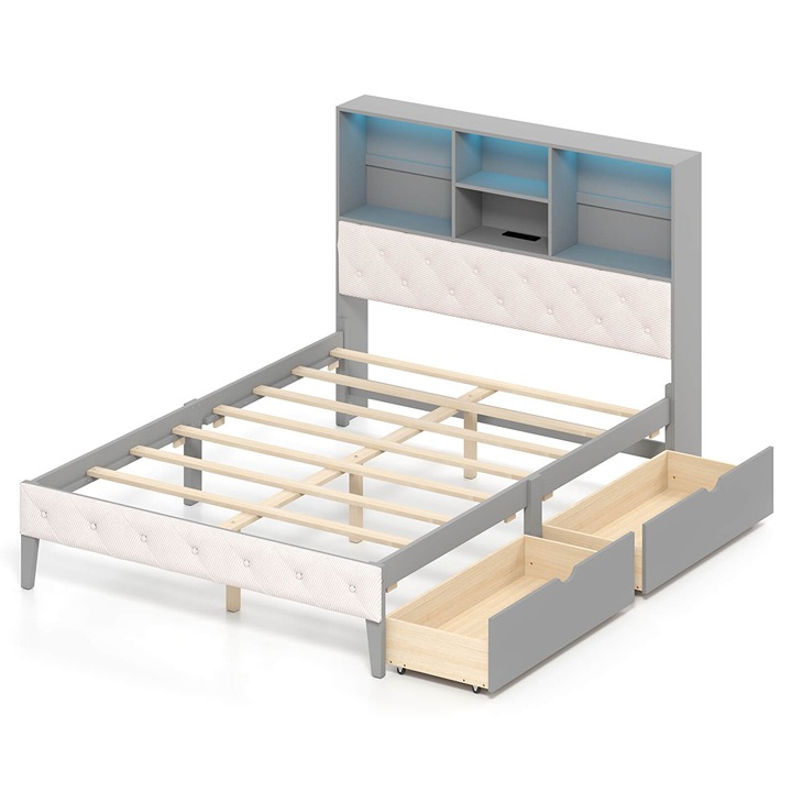 Full Size Bed Frame w/ Bookcase Headboard Storage Bed w/ LED Lights Gray