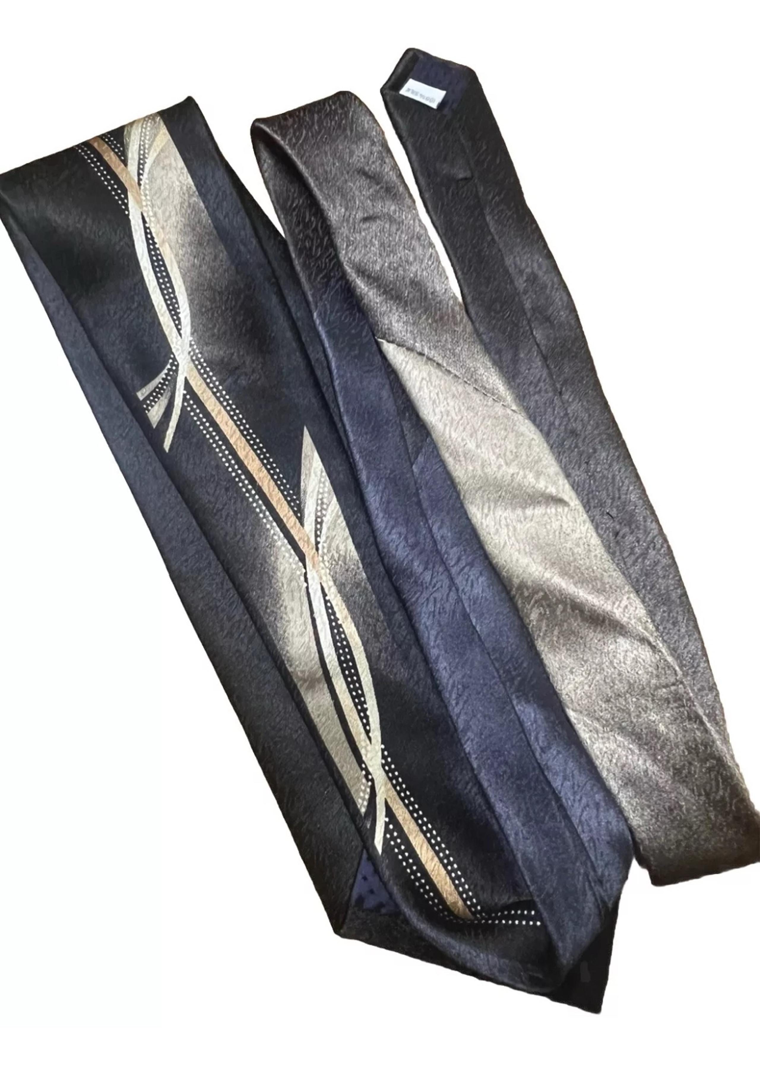 Mens 100% Silk Tie Black Gold Metallic Swirls Neck Tie Wide Formal - Pierre Cardin
