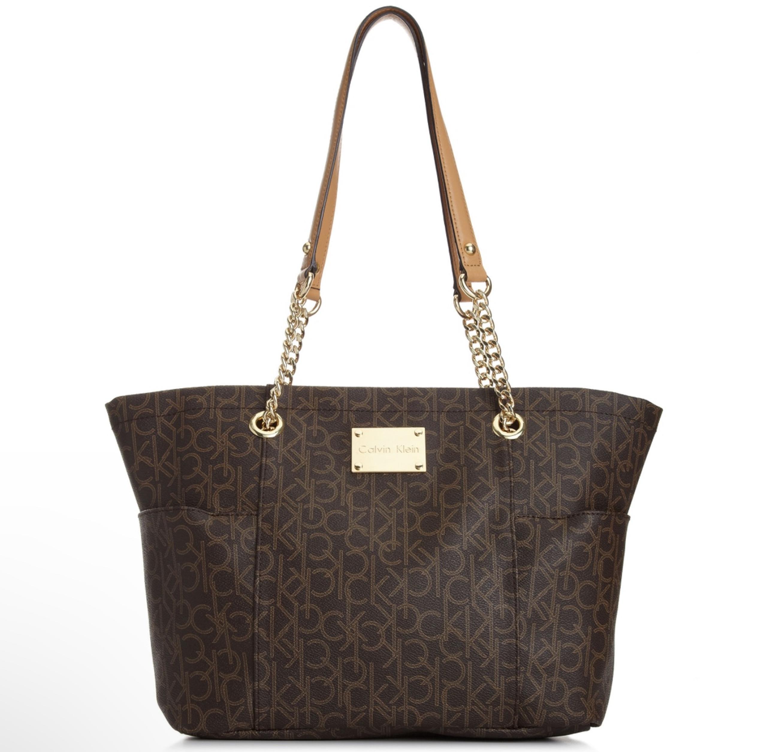 Calvin Klein Women's Brown Logo Print Chain Tote Handbag