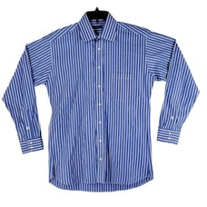 Vtg Burberry London LS Dress Shirt Button Mens 16 R (L) Blue White Striped USA