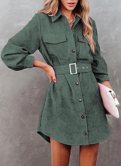 Women's corduroy dress jacket shirt lapel long sleeved belt casual autumn/winter