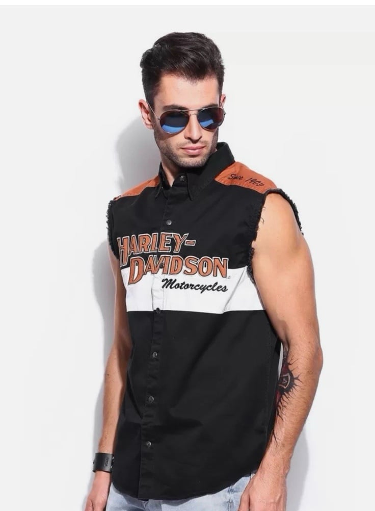 Harley Davidson Orange Black Motorcycle Vest Cut Off Snap shirt