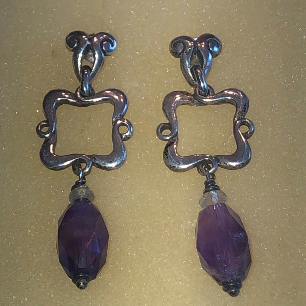 Sterling Silver Vintage Amethyst Quartz Bead Drop Boho Pierced Earrings
