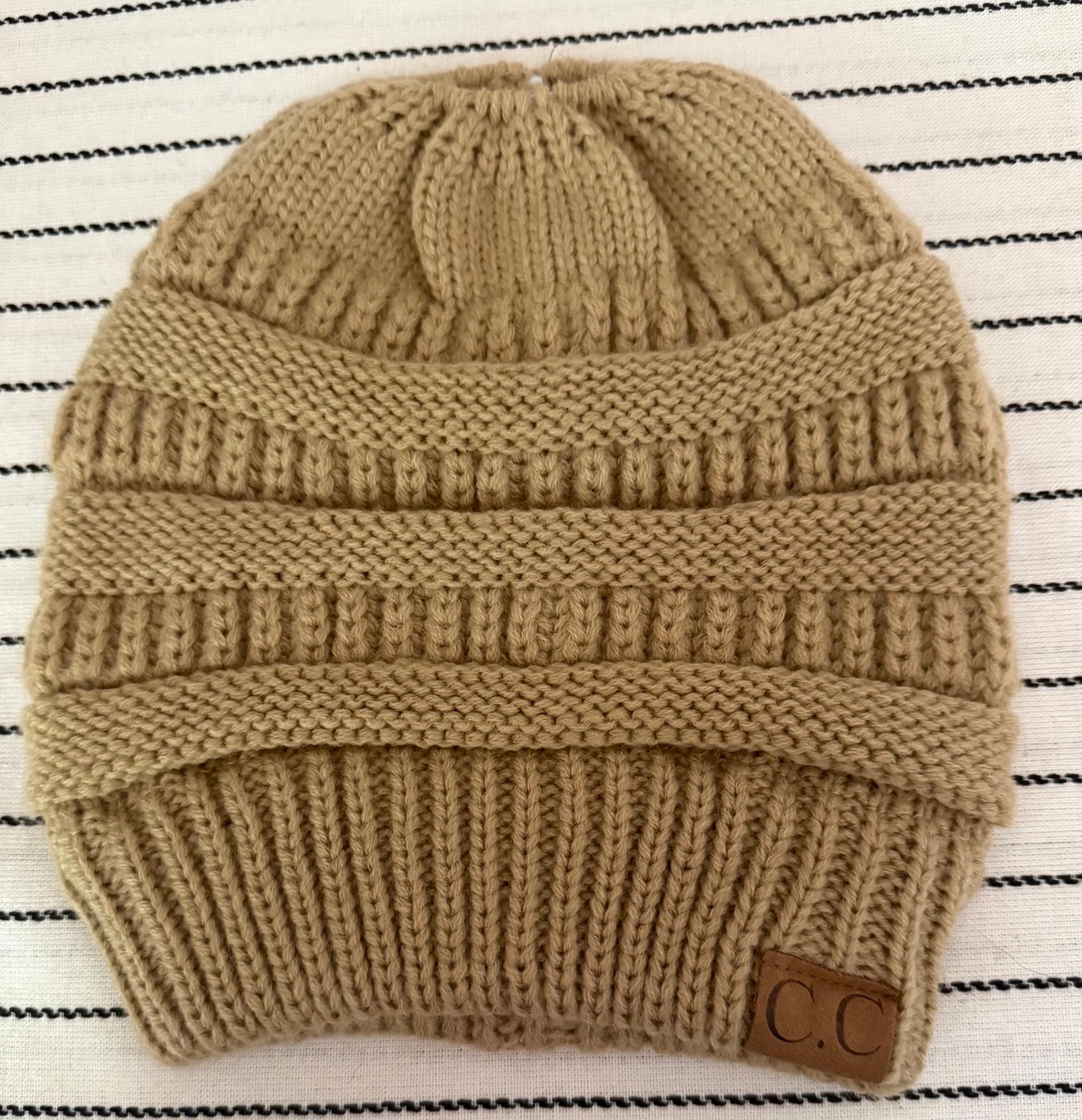 C.C. Classic Taupe Cable Knit Beanie With High Bun/Ponytail Hole