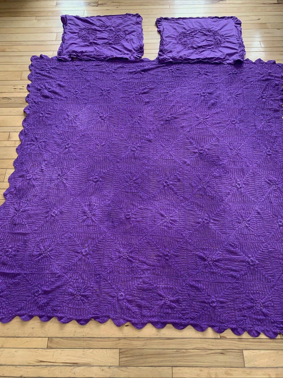 VTG Handmade Cotton Crochet Full sz Bed Purple Coverlet & Shams Cottagecore Boho
