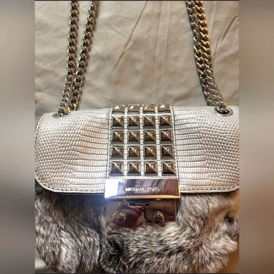 Michael Kors MK Designer Rabbit Fur Crossbody Chain Strap Studded Purse Handbag