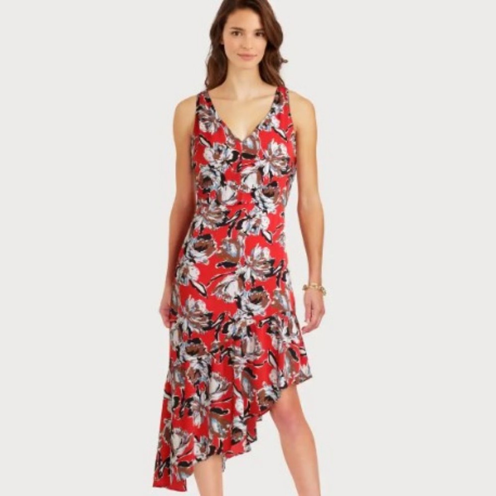 Sam Edelman Red Floral Print V-Neck Midi Dress Asymmetric Ruffle Hem Size 4