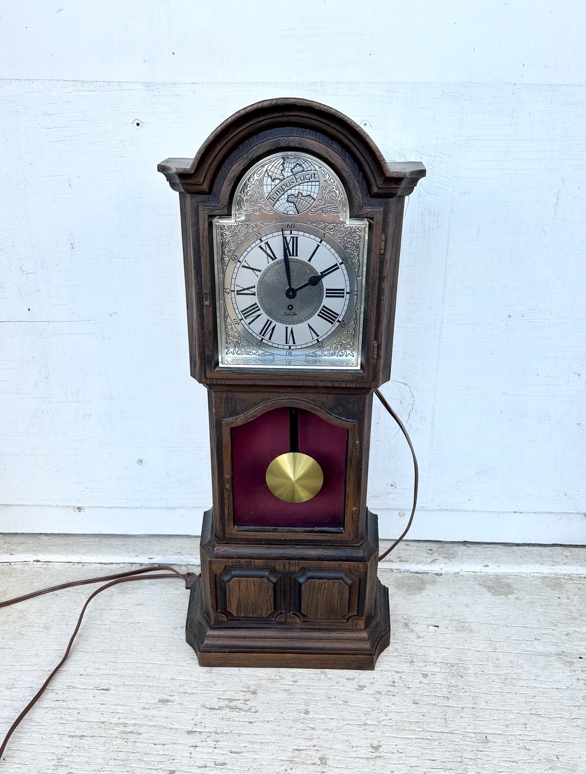 Antique 1960’s Sunbeam Silver Tempus Fugit Pendulum Mini Grandfather Clock