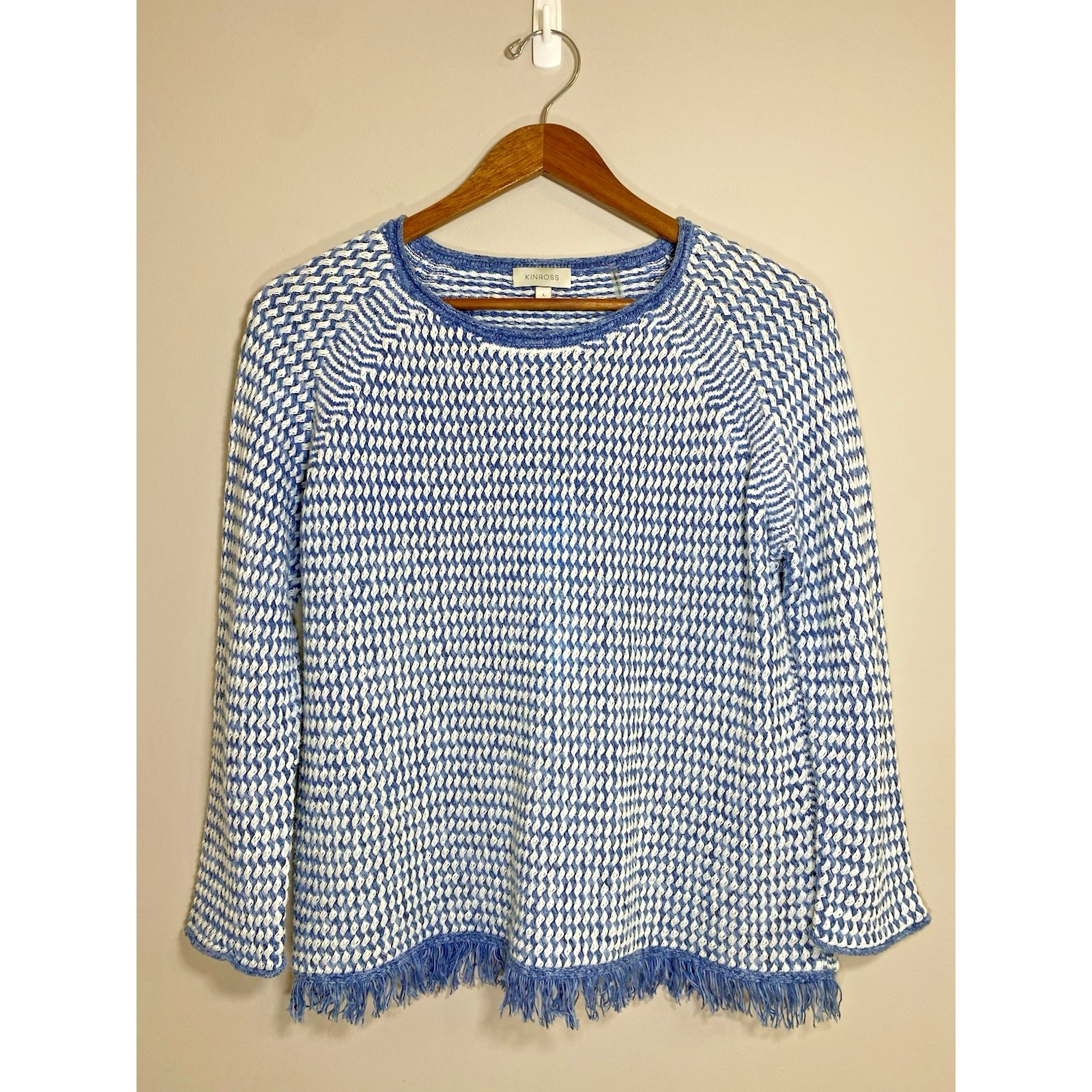 Kinross Sweater Women LARGE Blue White Cotton Woven Fringe Hem Texture Pullover
