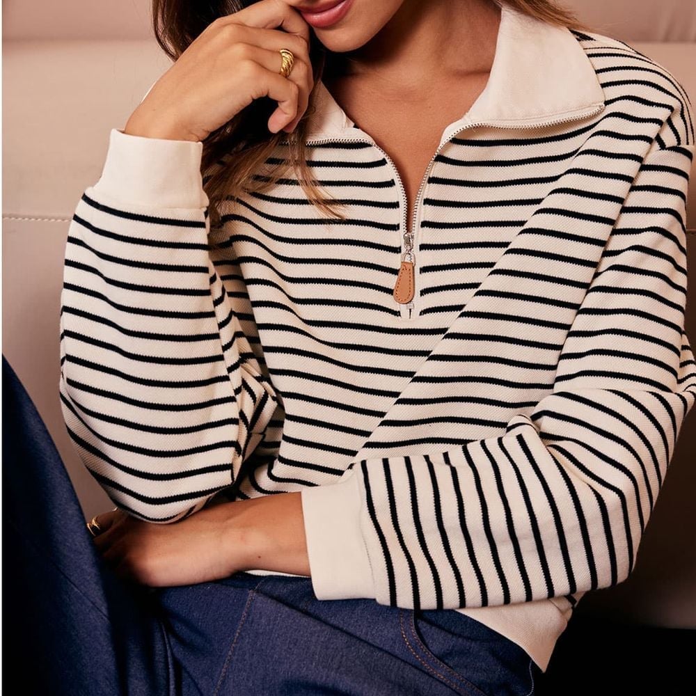 NWT 1/4 Zip Long Sleeve Striped Pullover Shirt Black Cream Size XL
