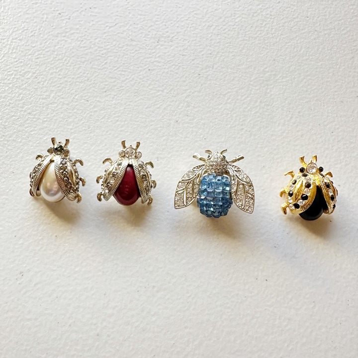 Rhinestone Fly Beatle Bug Hat Scarf Pins Lapel Clips Set of 4 Art to Wear Boho