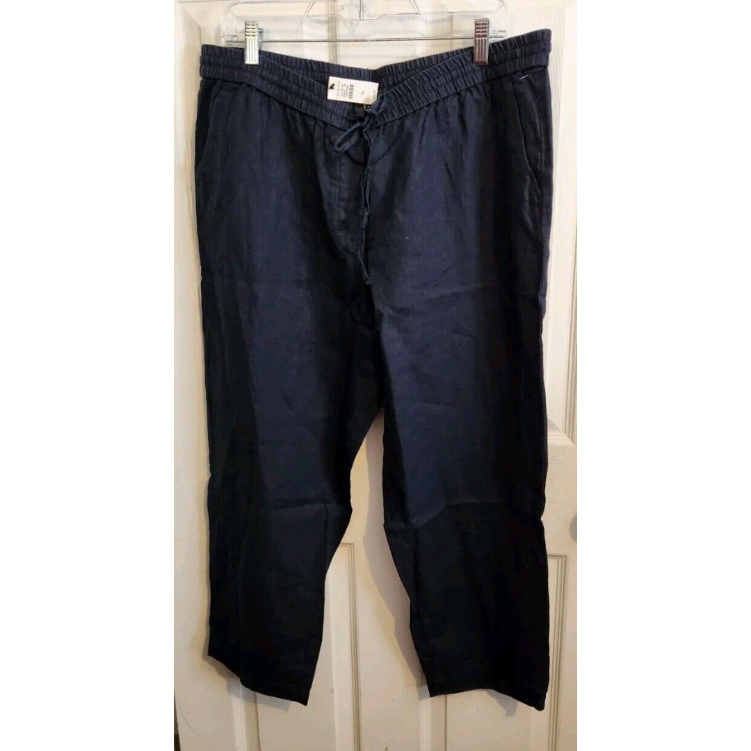 Talbots Navy Blue 100% Linen Wide Leg Cropped Leg Sz 16 Elastic Waist NWT