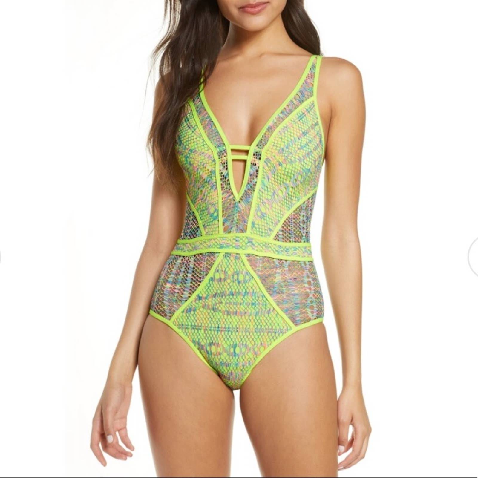 Becca Reveal Plunge Neon Colorful Mesh One Piece Swimsuit sz S