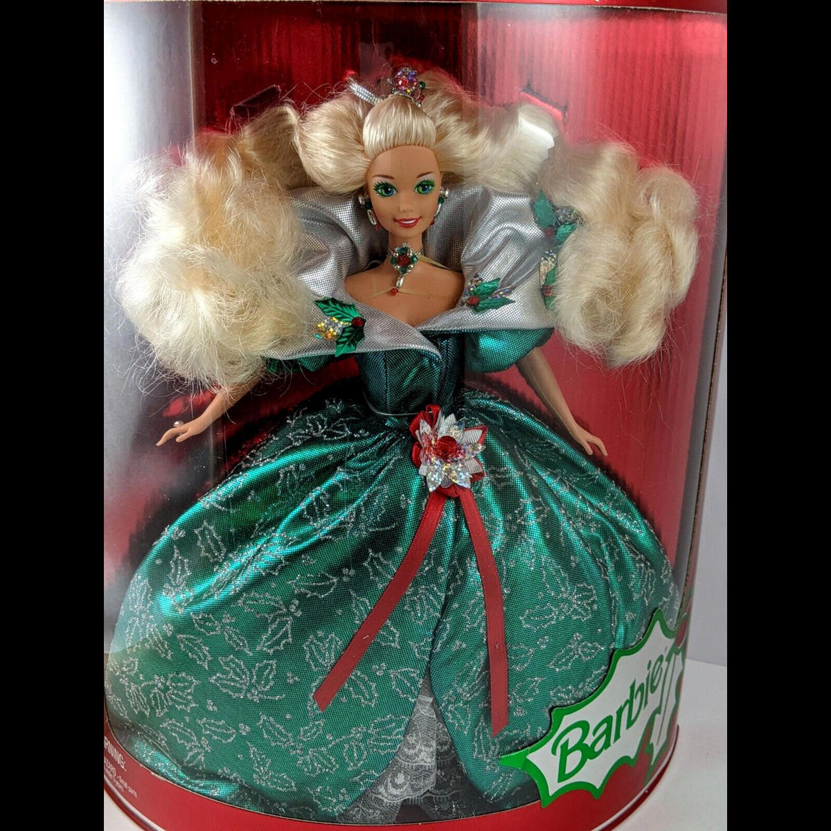 Mattel Happy Holidays Barbie Doll 1995 NIB Green & Silver Holly Berry Gown