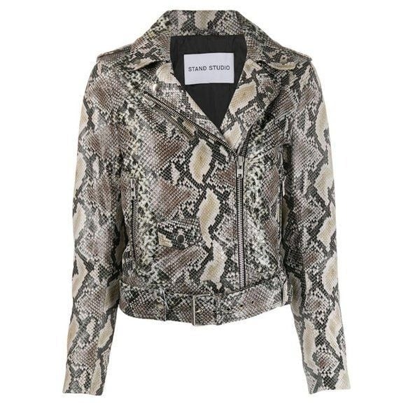 Stand Studio Women Polly Snakeskin-Effect Genuine Leather Biker Jacket Cream 6