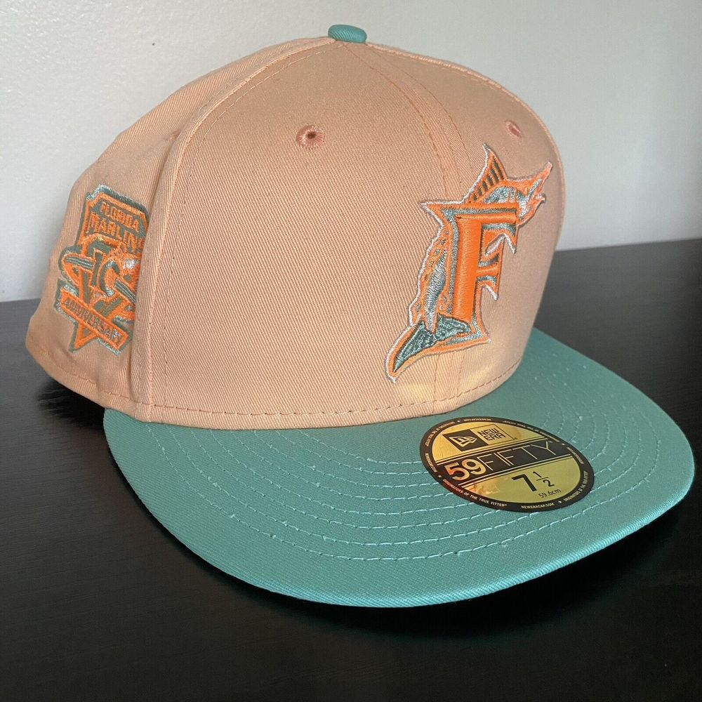 Miami Marlins New Era 59Fifty Fitted Hat Patch Flat Bill Peach Mint Size 7 1/2