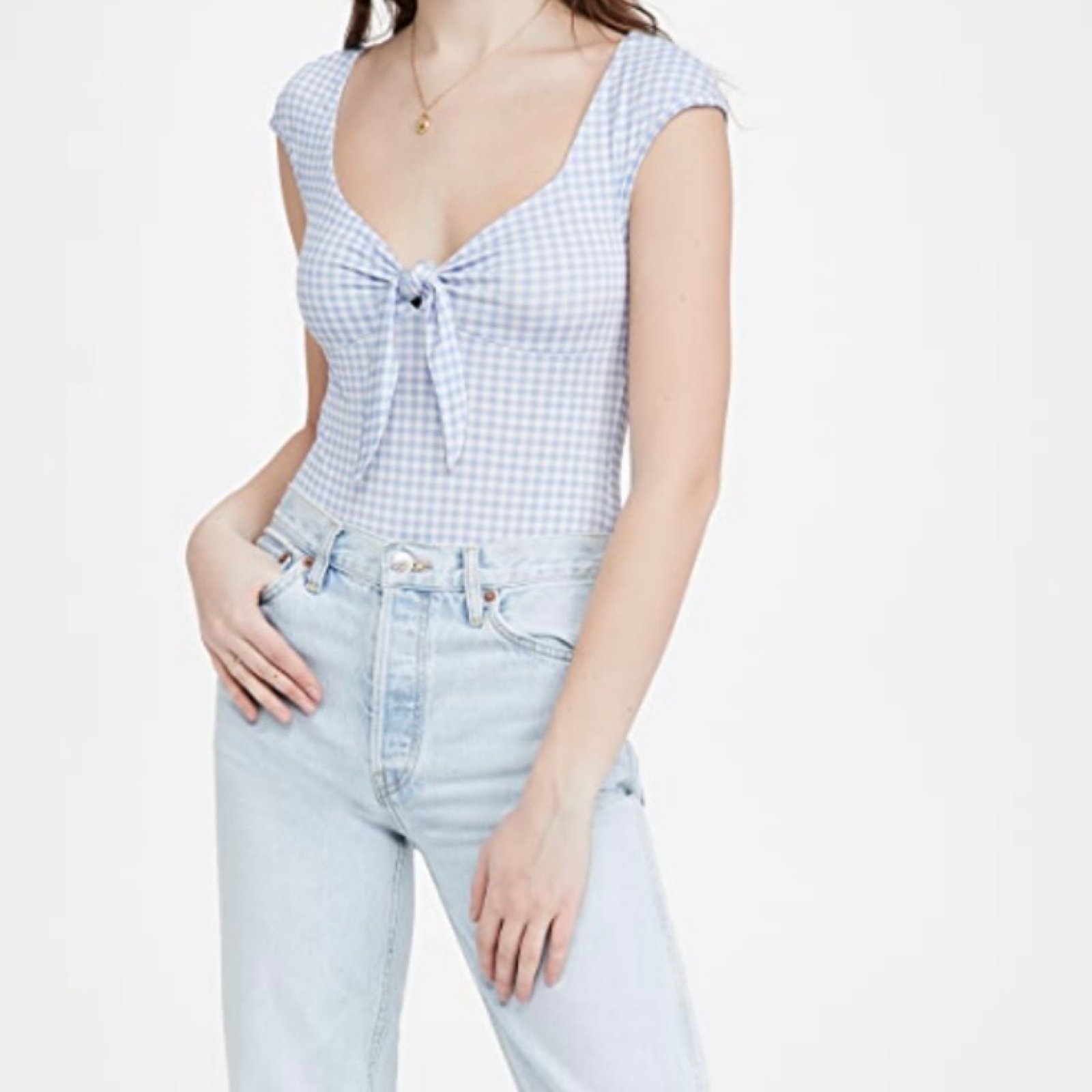 NWT caroline constas jessie short sleeve bodysuit blue gingham size S CL