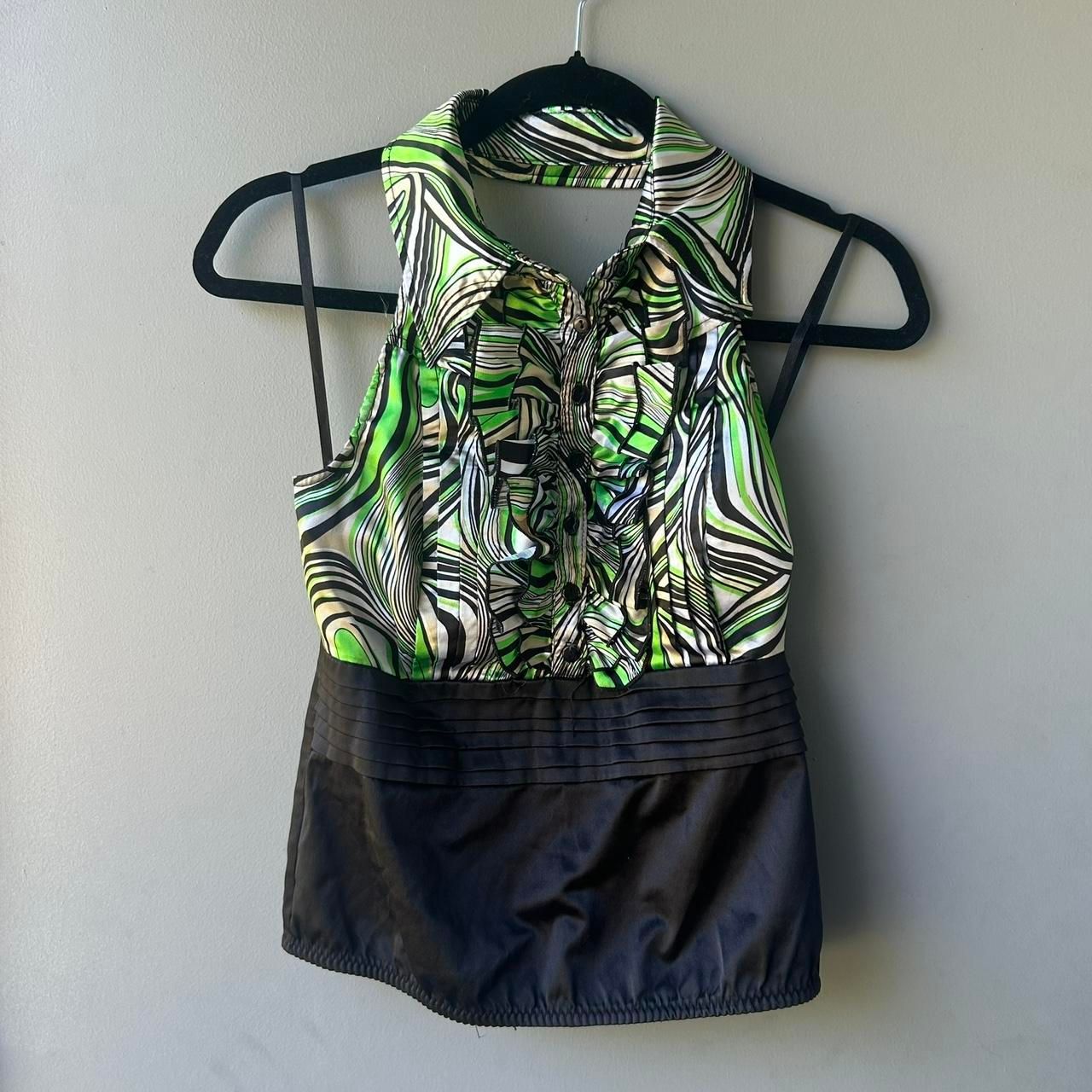 Y2K Green and Black Halter Office Siren Blouse