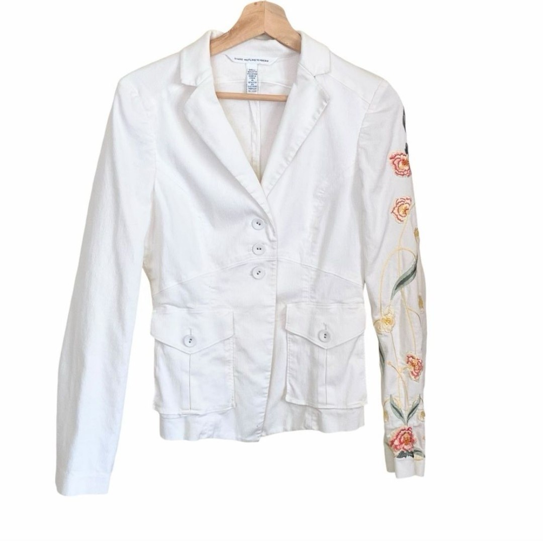 Diane Von Furstenberg Floral Embroidered White Blazer Jacket Size 10 Rare Find