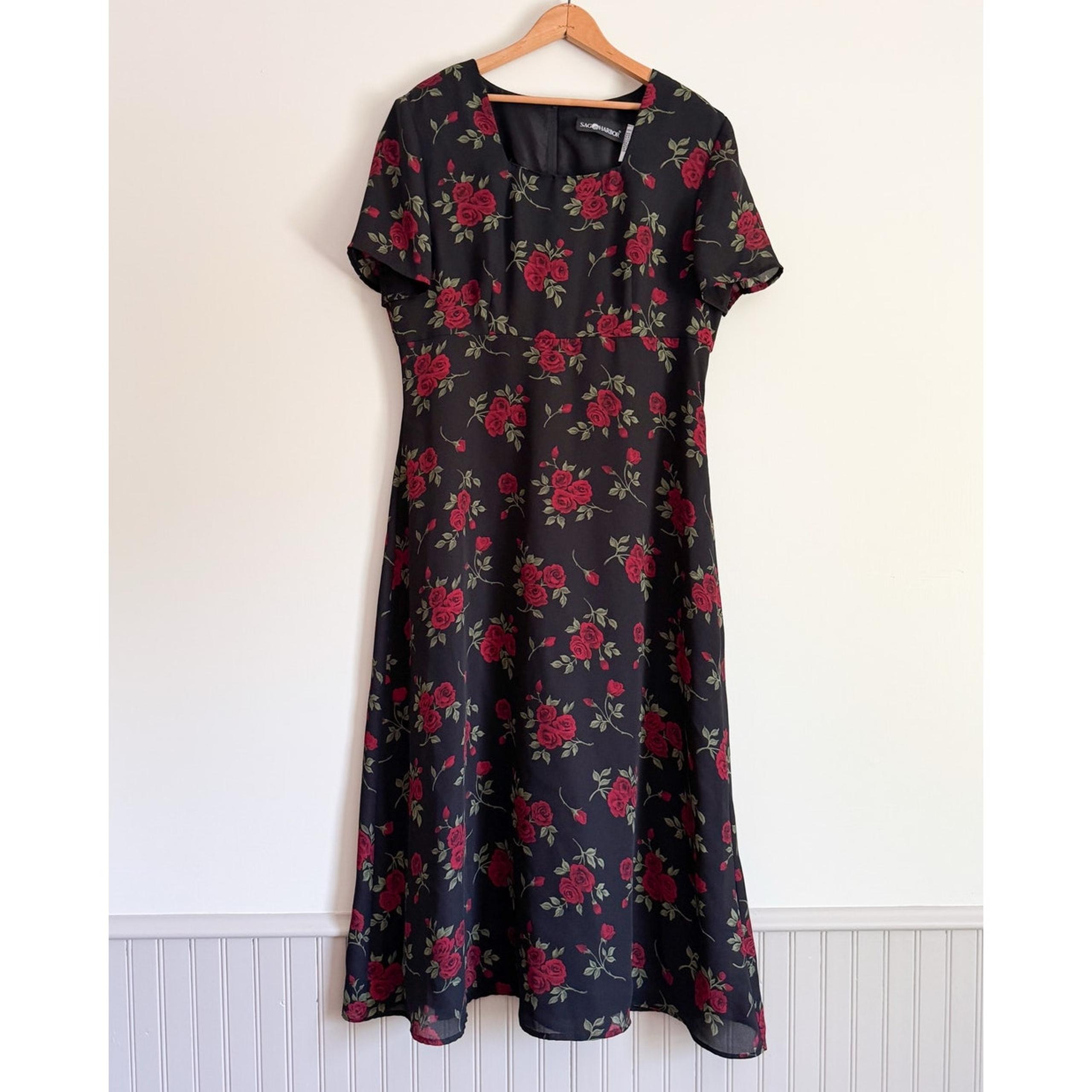 Vintage Sag Harbor Floral Black Maxi Dress Whimsygoth Rose Stevie Nicks Witchy