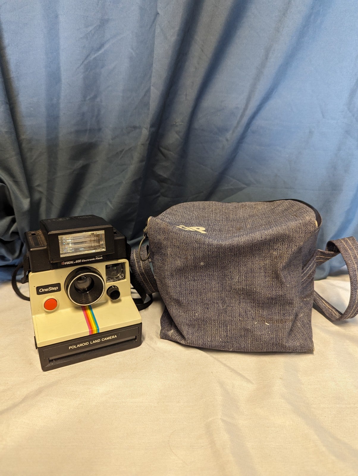 Vtg Polaroid Land Camera One Step Rainbow Stripe With Strap Bag and Flash Tested