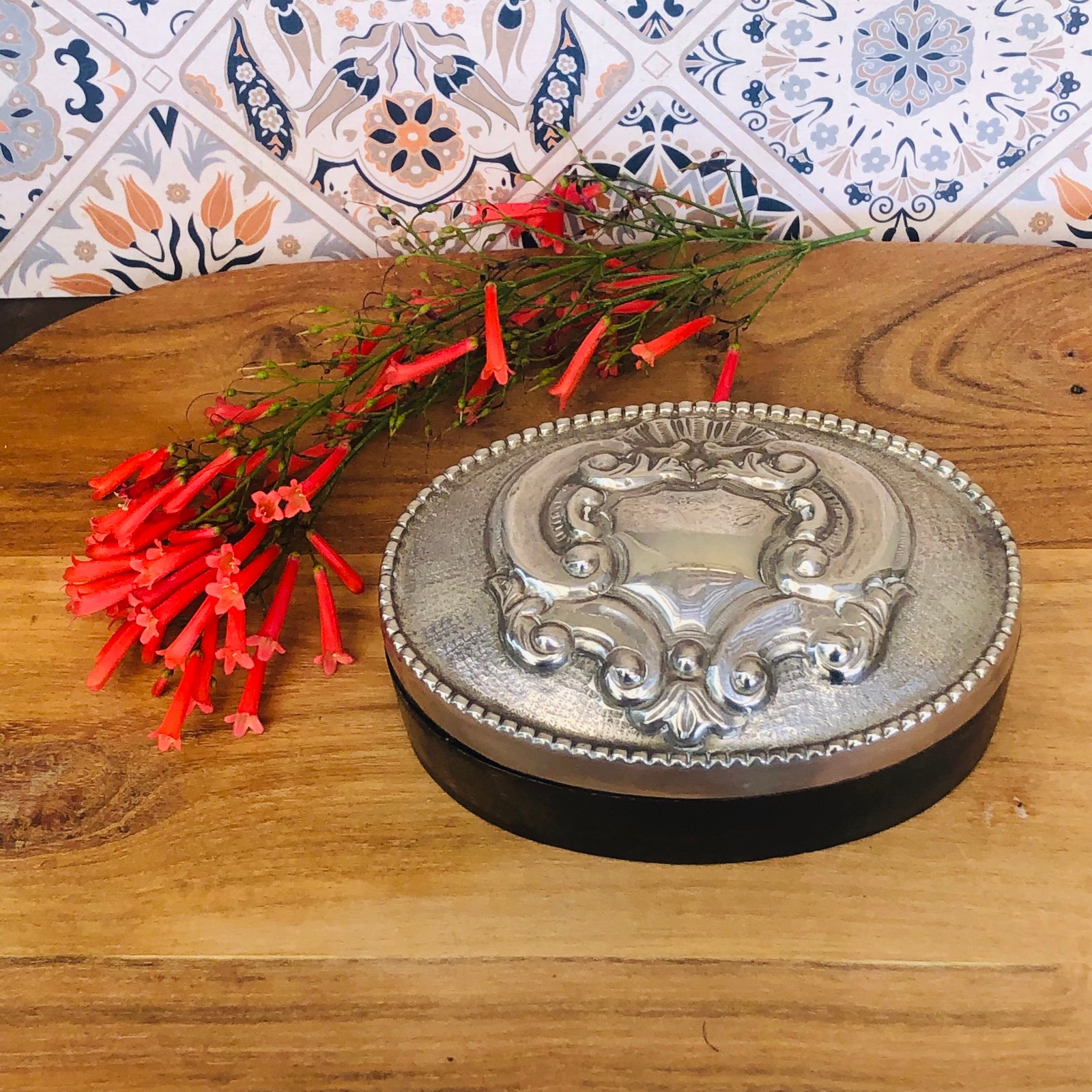 Vintage Wooden Trinket Box With Ornate Silver Top