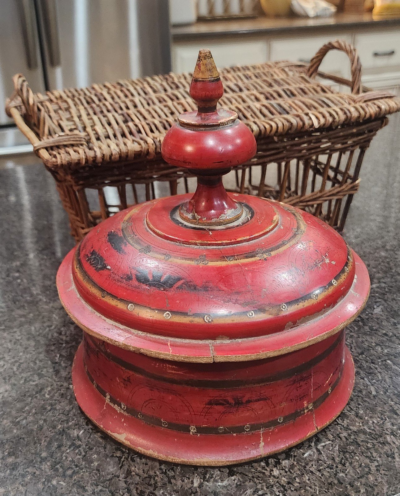 1800's Old Antique Wooden Red Lacquer Painted Indian Spice Box Tikka Kumkum Box